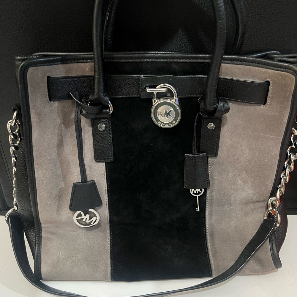 Michael Kors Black and Gray Suede & Leather Hamilton Center Stripe EW Satchel